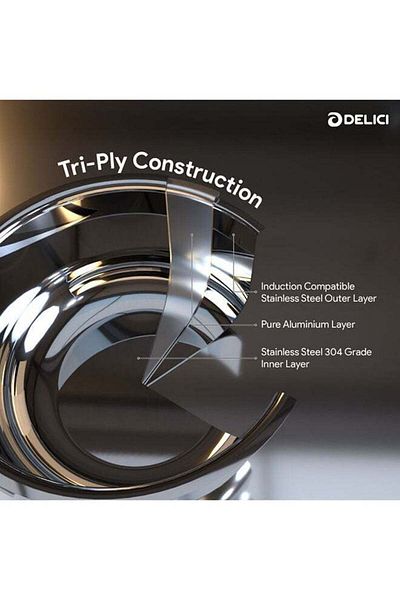 DELICI Tri Ply Stainless Steel 24 Cm Sauce Pan- Dtsp24, With Lid, 6.80 Ltrs Capacity Cookware