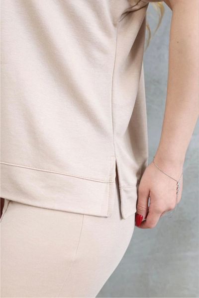 Aemido Osy Modal Soft Textured Fabric Crew Neck Short Sleeve Set - Beige