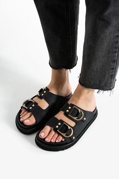 walviss Osso Women's Genuine Leather Double Buckle Black Slippers