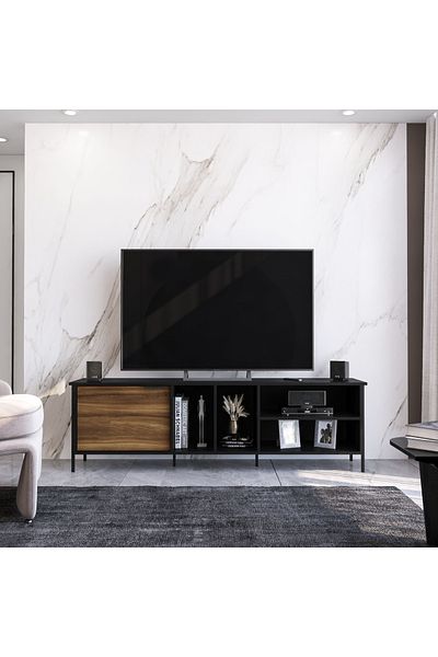 POLITORNO 65" TV Table with Shelves and Drawer for Living Room and Home Black & Brown 160*35.5*40.5