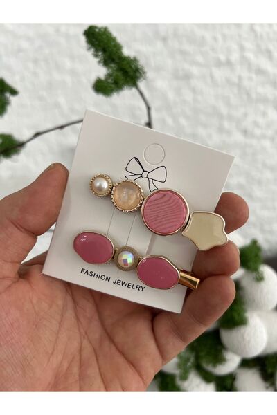 Derin Düşler Adult Children's Hair Clip Set of 2 Pink Cream Stone Hair Clips