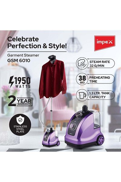 İMPEX Electric Garment Steamer 1950w- Gsm 6010,38s Preheat 32g/min Steam Rate 1.3l Watertank 40min Runtime