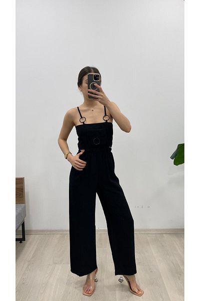 Nazline Women's Strap Buckle Front Pocket Detailed Long Linen Textured Elastic Waist Salopet