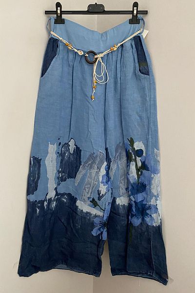 AYASOFYA OTANTIK Women's Italian Indigo Blue Rope Belt Detailed Loose Wide Leg Linen Trousers with Side Pockets