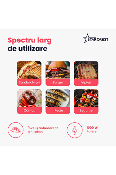 STARCREST Grill Panini STARCREST SGR-2314, 1000 W, Placi nonaderente, Deschidere 180°, Negru