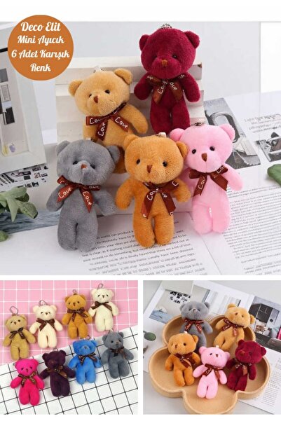 HediyeFilesi 6 Adet Peluş Ayıcık Set Mini Yumoş Çanta Süsü Aksesuarı Anahtarl...