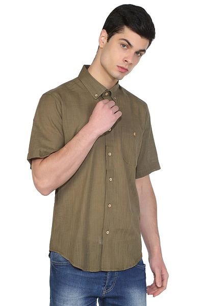 Eliş Şile Bezi Κοντό μανίκι Slim Fit Sile Πανί Μονή Τσέπη Ανδρικό Καλοκαιρινό Πουκάμισο Khaki 3049