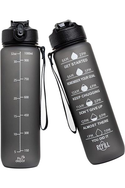 COOYA Bike Water Bottle, 1L with Marker Straw Strainer, Leak Proof, BPA Free for Outdoor Sports(Black)