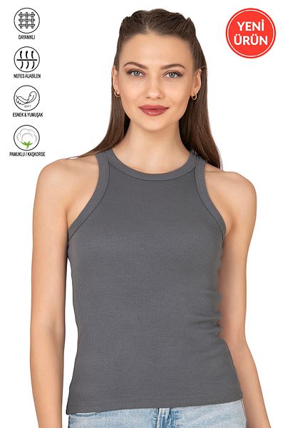ÖZKAN underwear Özkan 27464 Women's Cotton Camisole Ribbed Flexible Comfortable Halter Neck Wide Bias Knitted Undershirt