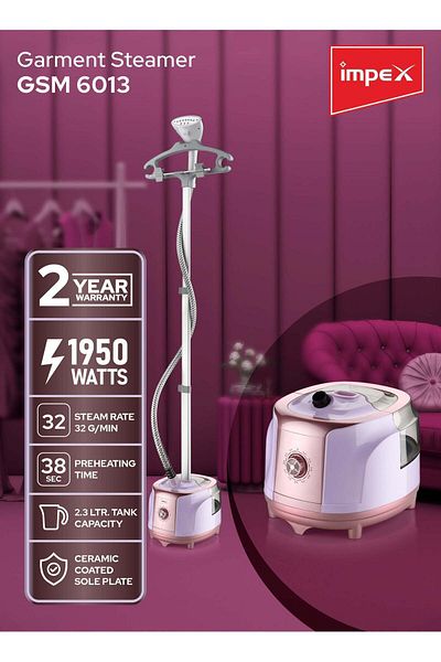 İMPEX Garment Steamer 2.3 Liter- Gsm 6013, Powerful Standing 70 Mins Continuous Steaming 38sec Fast Heatup