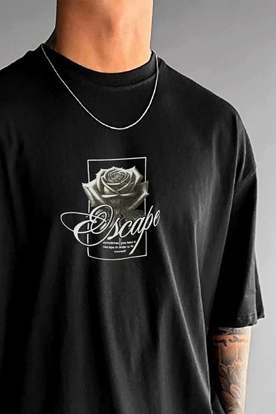 Millionaire Men's Black Black Rose Oversize Fit Loose Wide Fit Loose Cut T-Shirt