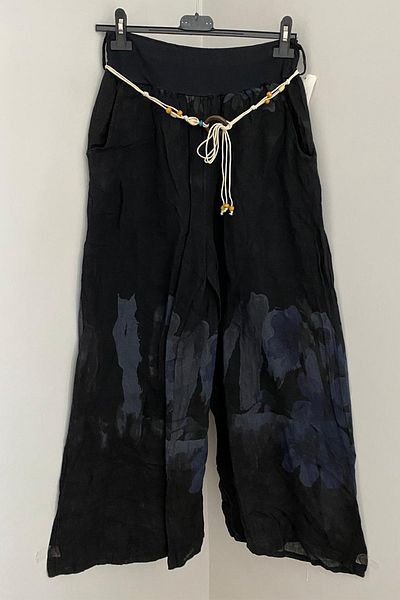 AYASOFYA OTANTIK Women's Italian Navy Blue Rope Belt Detailed Loose Wide Leg Linen Trousers with Side Pockets