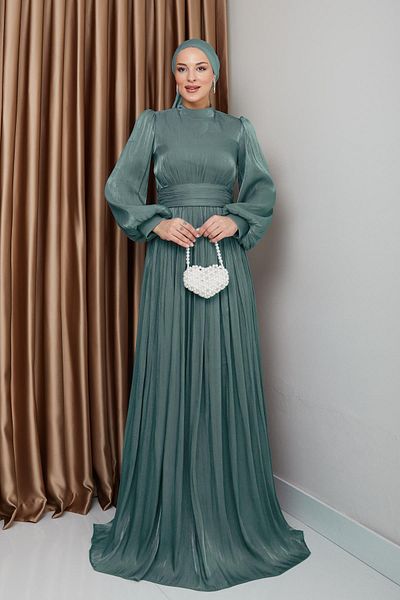 Olcay Yoryo-Hijab-Abendkleid aus Seide mit Gürtel und Kordelzugdetail, Aquagrün 1225