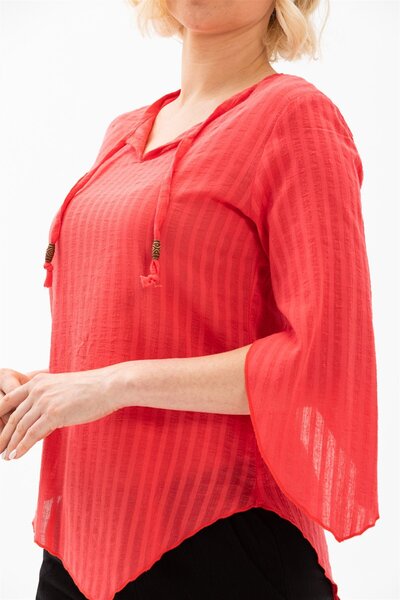 Eliş Şile Bezi Truvakar Kol Büyük Beden Gofre Rodos Yazlık Bluz Mercan Mrcn