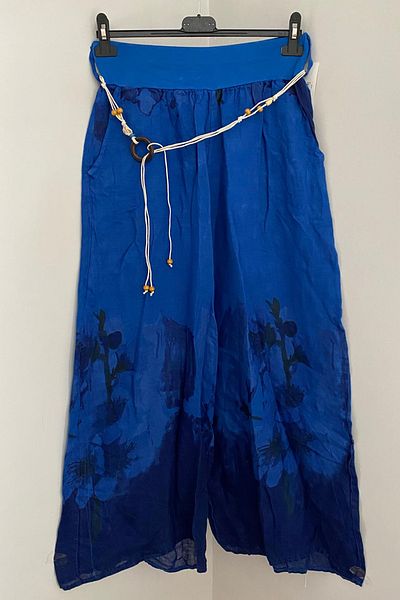 AYASOFYA OTANTIK Women's Italian Saks Blue Rope Belt Detailed Loose Wide Leg Linen Trousers with Side Pockets