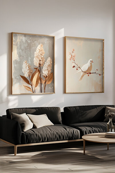 STARYUNA Efekat uljane slike ptica i cveća, vintage set od 2 slike u drvenom ...