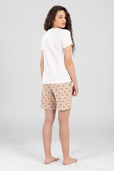 BAYKAR Σετ πιτζάμες για νεαρά κορίτσια, βαμβακερή λαιμόκοψη με μοτίβο καρδιάς με εμπριμέ κοντομάνικο σορτς 9244 CREAM