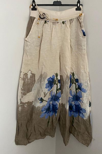 AYASOFYA OTANTIK Women's Italian Beige Rope Belt Detailed Loose Wide Leg Linen Trousers with Side Pockets