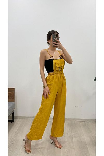 Nazline Women's Strap Buckle Front Pocket Detailed Long Linen Textured Elastic Waist Salopet