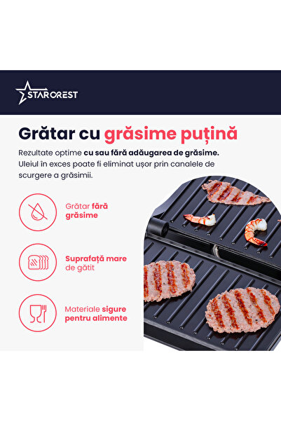 STARCREST Grill Panini STARCREST SGR-2314, 1000 W, Placi nonaderente, Deschidere 180°, Negru
