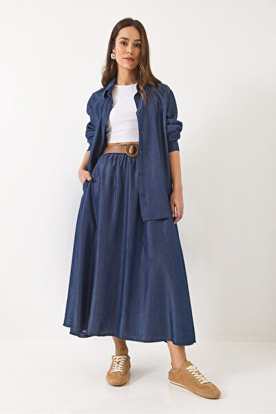 Bianco Lucci Жіноча E-Team - Довга сорочка оверсайз, спідниця з поясом з язичком і язичком