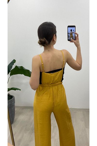 Nazline Women's Strap Buckle Front Pocket Detailed Long Linen Textured Elastic Waist Salopet