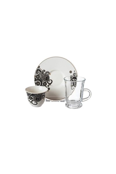 Dania 18-piece glass and porcelain tea and coffee set, consisting of 6 cups + 6 tea saucers + 6 Saudi coffee cups