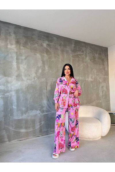 solena sln Women's Special Design Animal Patterned Satin Shirt Pants Double Set