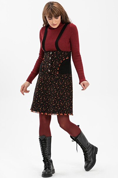 Eliş Şile Bezi Salopet Flannel Short Autumn and Winter Skirt Crisp Pattern Black Syh