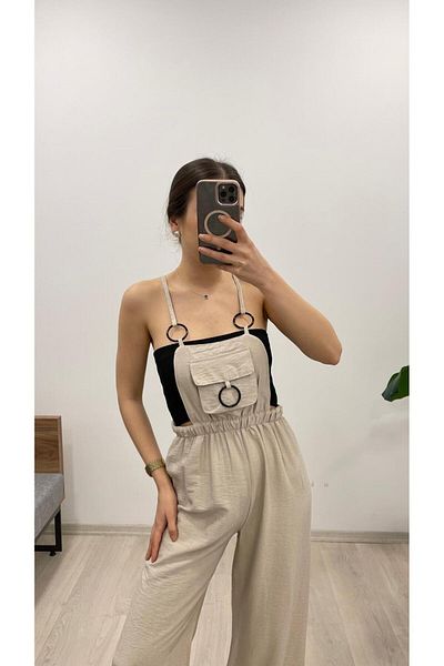 Nazline Women's Strap Buckle Front Pocket Detailed Long Linen Textured Elastic Waist Salopet