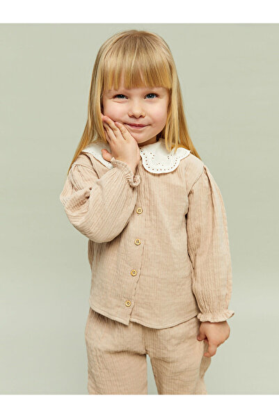 LC Waikiki Bej Nakışlı Kız Bebek Gömlek ve Pantolon 2'li