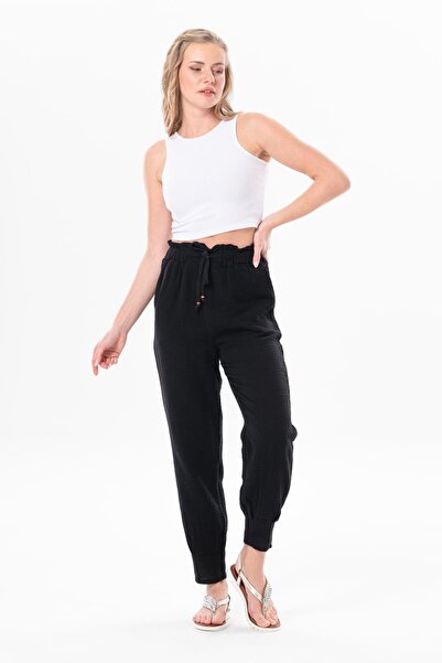 Eliş Şile Bezi Muslin Carrot Summer Trousers Black Black