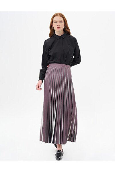 Kayra Çizgi Baskı Detaylı Piliseli Etek Vizon-Siyah KA-A24-12047-47-12