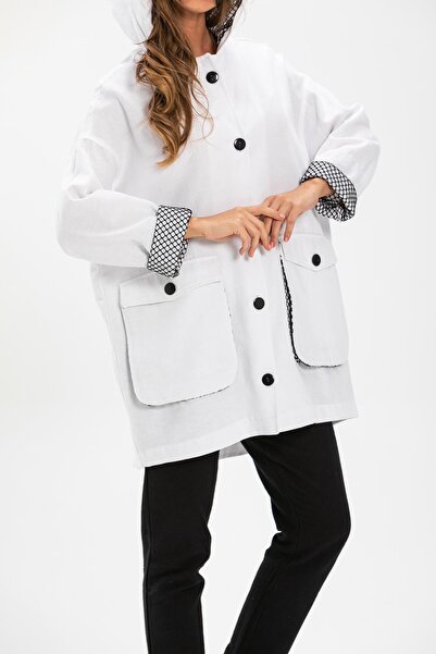 Eliş Şile Bezi Long Sleeve Hooded Safari Flannel Autumn and Winter Jacket White Byz