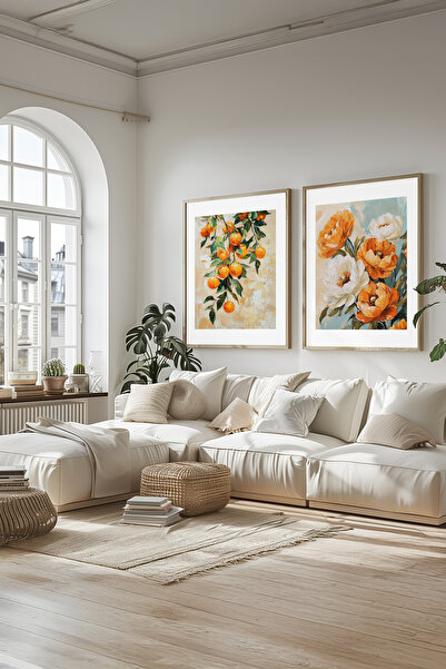 STARYUNA Yağlıboya efektli portakallı çiçekli vintage ahşap çerçeveli 2'li tablo seti Yuna111