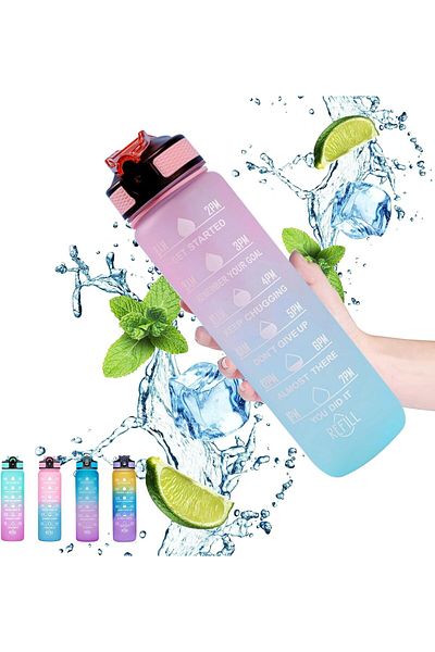 COOYA Sports Water Bottle 1L,  Leak-Proof Drinks Bottle with Time Marker and Straw, for Fitness Outdoor
