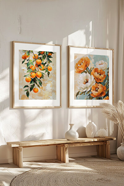 STARYUNA Yağlıboya efektli portakallı çiçekli vintage ahşap çerçeveli 2'li tablo seti Yuna111