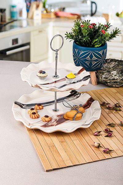 Sezka Life Ceramic 2 Tier Presentation Plate Cookies, Turkish Delight, Snacks and Pastries, Cake Presentation Plate