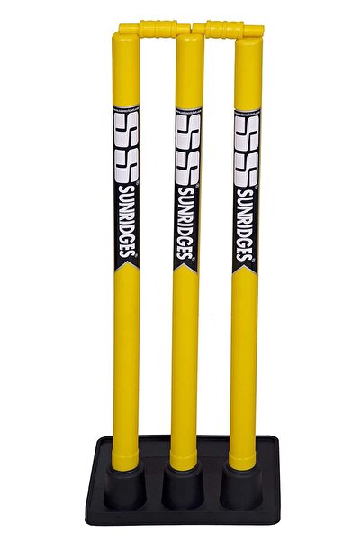 SS Plastic Cricket Stumps Set with Bails & Rubber Base | Yellow | Full Size