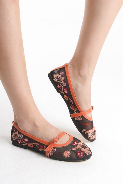 Shoesers Women's Special Design Red Embroidered Flower Embroidered Detailed Ballerina Shoes on Tulle