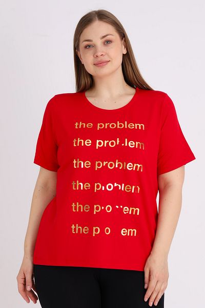 İntensive Red Short Sleeve Printed Women's Large Size Comfortable Fit T-Shirt