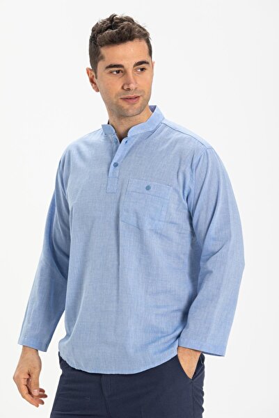 Eliş Şile Bezi Büyük Beden Şile Bezi Uzun Kol Tek Cepli Hakim Yaka Erkek Yazlık Tshirt Mavi 3032