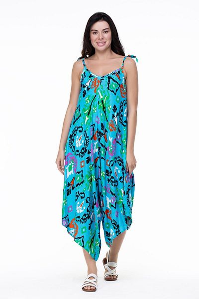 Eliş Şile Bezi Strappy Voile Selin, Summer Jumpsuit and Ethnic Turquoise