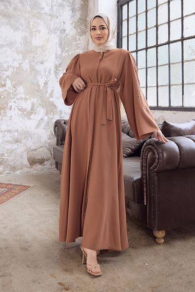 VAVİNOR Rona Arms Patterned Abaya - Camel