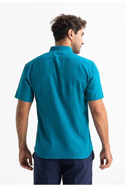 Eliş Şile Bezi Κοντό μανίκι Slim Fit Sile ύφασμα μονή τσέπη Ανδρικό καλοκαιρινό πουκάμισο Petrol 3053