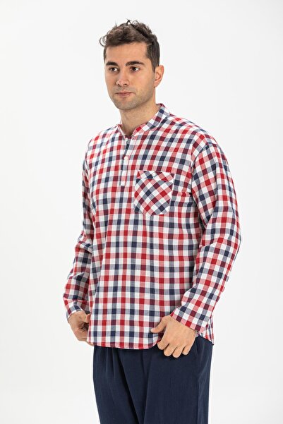 Eliş Şile Bezi Long Sleeve Sile Cloth Single Pocket Prevailing Collar Men's Summer T-shirt Red Navy Blue Checked 3008