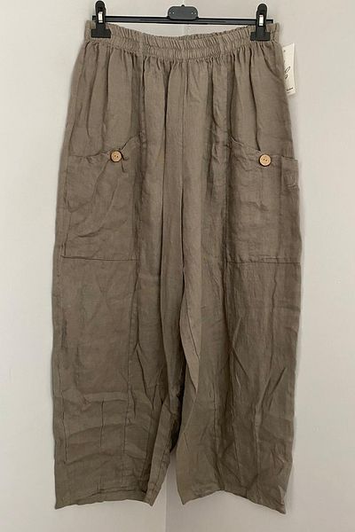 AYASOFYA OTANTIK Women's Italian Mink Bag Pocket Detailed Wide Leg Oversize Loose Linen Trousers