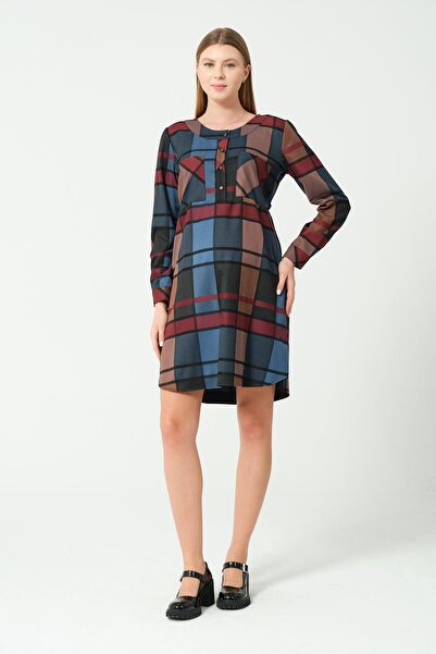 BUSA Hamile Ekose Önden Düğmeli Elbise BORDO