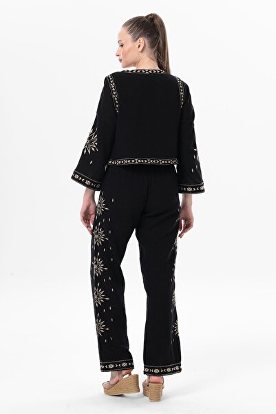 Eliş Şile Bezi Sleeveless Daylight Embroidered Summer Muslin Vest Black Black