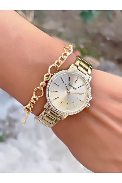 Ferrucci ÇELİK KORDON TAŞ MOTİFLİ 3 ATM SU GEÇİRMEZ KADIN KOL SAATİ+BİLEKLİK ...